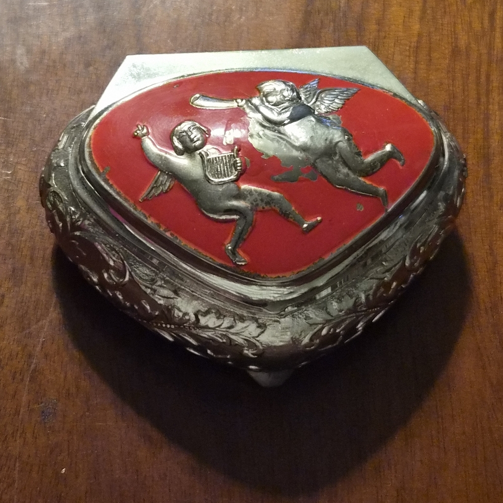 Vintage Silver and Red Trinket Box with Cherub Design